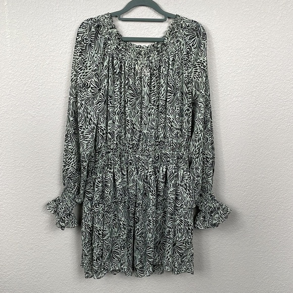 Cinq a Sept Janelle Tiered Long Sleeve Chiffon Boho Dress Mini Mint Black Sz 8 - Picture 3 of 13